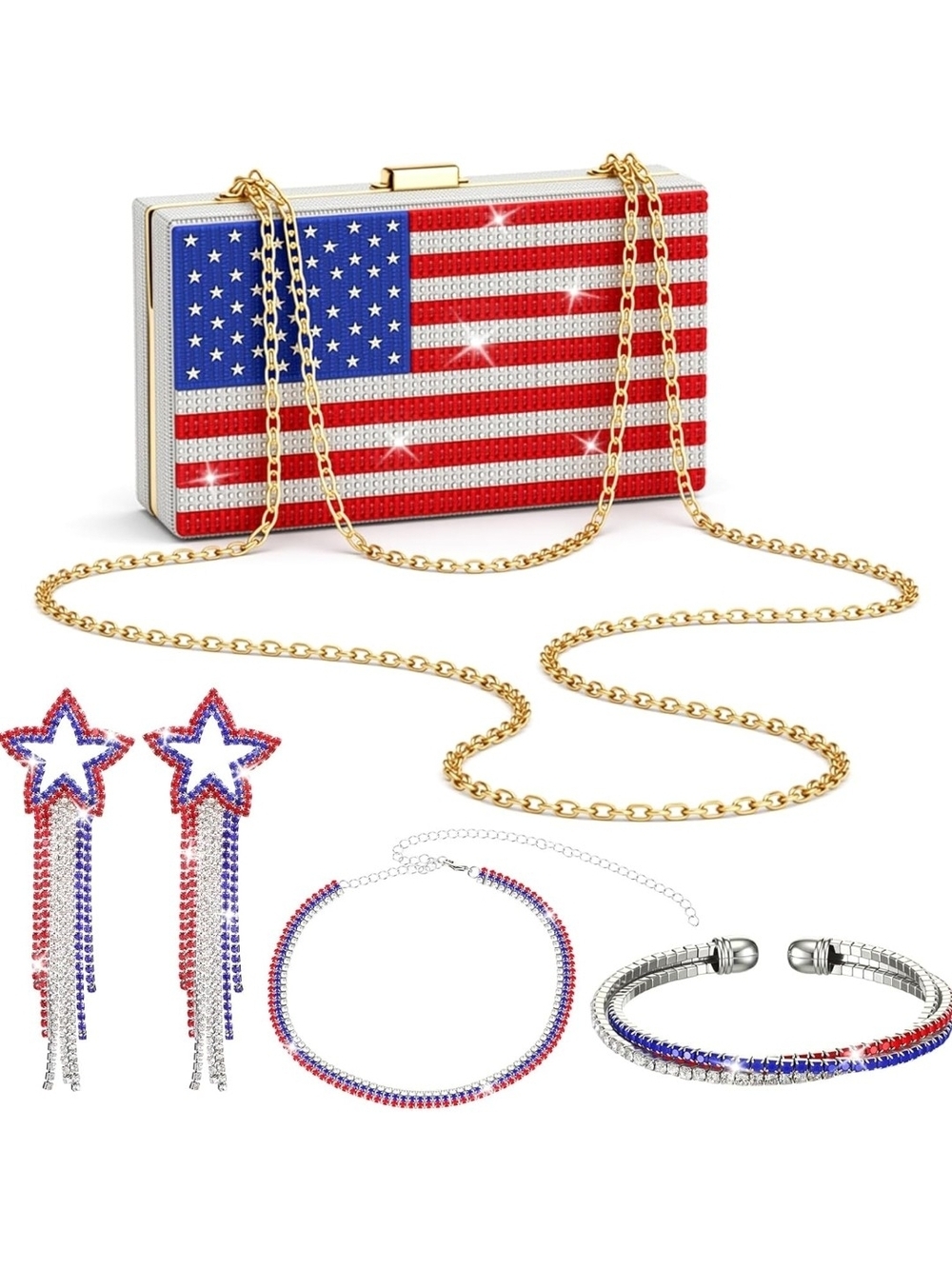 Patriotic Rhinestone Flag Clutch with Jewelry Set - Red White Blue